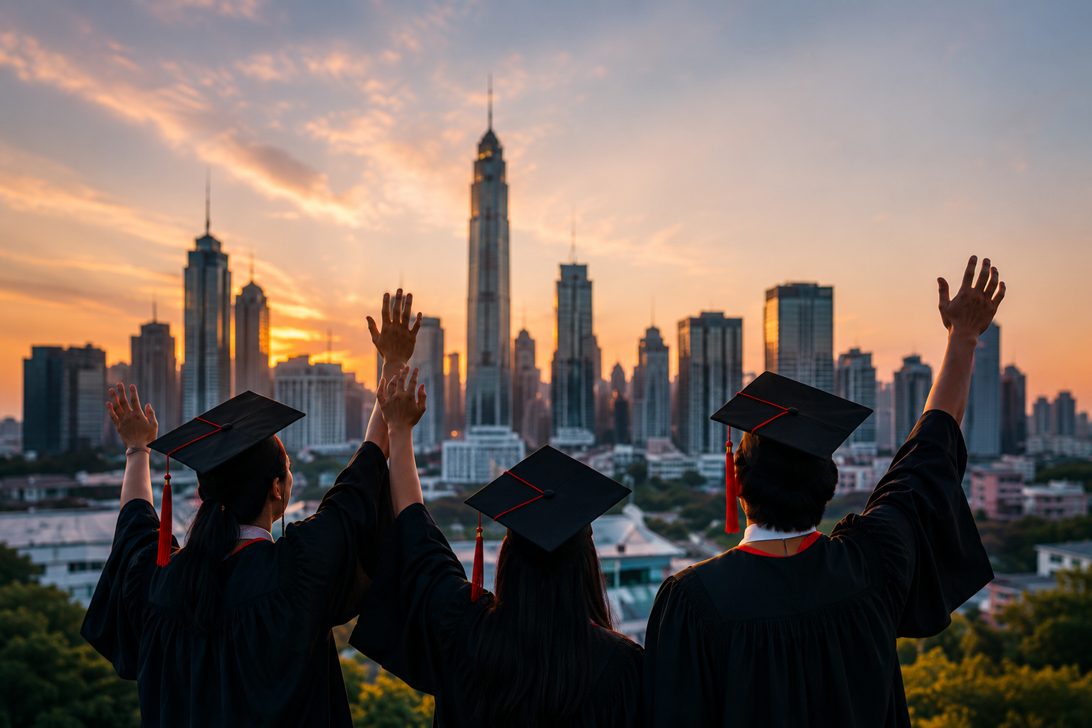 Graduates celebrating with a global city skyline at sunset